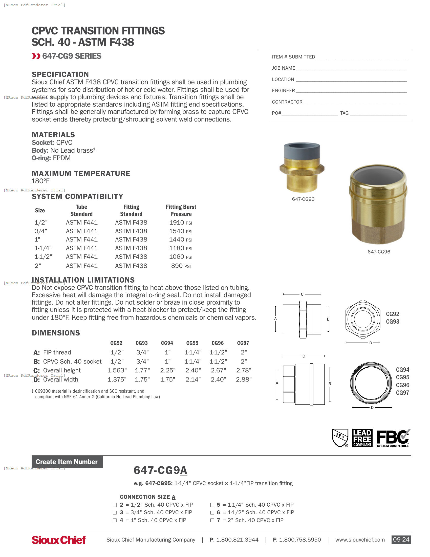 647-CG9 SERIES - CPVC F438 TRANSITION FITTING - SPEC SHEET.PDF Specification Document